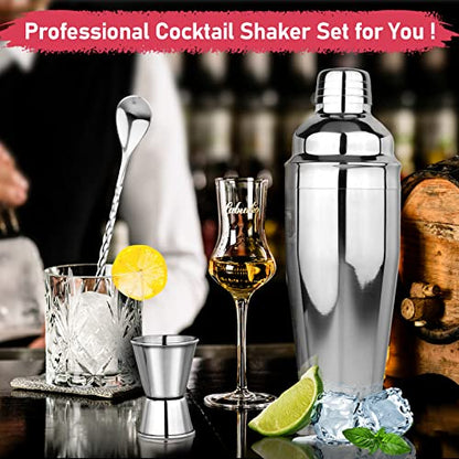 24oz Cocktail Shaker Set Martini Shaker Set Bartender Set | Professional 18/8 Stainless Steel Bar Tools with Margarita Mixer Drink Shaker, Measuring Jigger and Mixing Spoon (Silver) - color: Silver