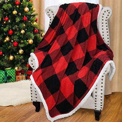 Red Black Plaid Sherpa Blanket, Buffalo Sherpa Throw Blanket, Reversible Super Soft Warm Comfy Fuzzy Snuggly Holiday Throws for Couch Sofa Cabin Decro - color: Checkered