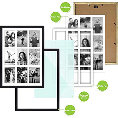 Golden State Art 9-Openings 4x6 Wood Collage Picture Frame Black | Fits Nine 4x6 Photos, White Mat, Photo, Art,13.6x19.7 Poster or Print Display, Tempered Glass,1 Pack - color: Black, size: 1 Pack