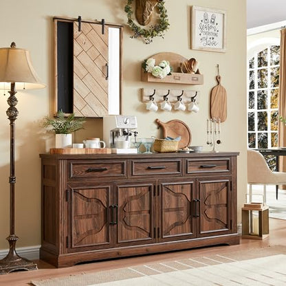 66" Farmhouse Buffet Cabinet with Storage, Sideboard Credenza, Carved Cloud-Inspired Doors, 3 Drawers & Adjustable Shelves, Coffee Bar Cabinet, Dark Brown - color: Dark Brown