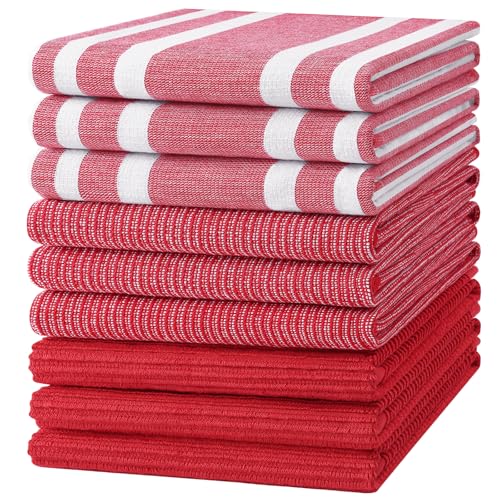 Homaxy Cotton 380 GSM Premium Kitchen Towels, 18"x 28", 9 Pack, Red | Soft and Absorbent Terry Dish Towels, Multipurpose Tea Towel Set with Hanging Loop, 3 Styles Kitchen Hand Towels - color: Red, size: 18" X 28" - 9 Pack