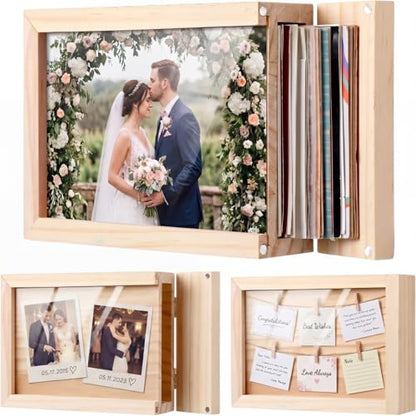 Gerrii Wooden Shadow Photo Storage Frame Box for 4 x 6 in Photo Display, Magnetic Door Store with High Definition Acrylic Postcard Memory Keepsake for 50 Picture Tabletop Housewarming Birthdays Gift