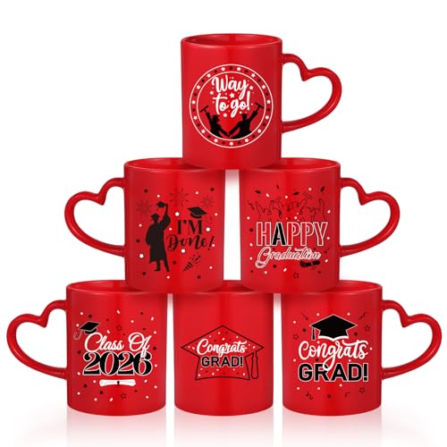 Pickmesh Graduation Coffee Mug Set of 6, 10 oz Red Ceramic Enamel Mugs with Handle, Class of 2026 & Congrats Grad Designs, Graduation Party Supplies, Grad Gift Cups for Coffee Tea Cocoa - color: Red, style: Graduation