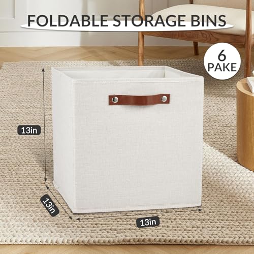 Garvee 6 Pack 13×13 Inch Foldable Fabric Storage Cube Bins, Linen Closet Organizer Boxes with Sturdy Leather Handles, Collapsible Storage Basket for Shelves, Cabinet, Home Organization, Beige