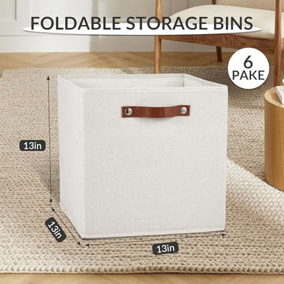 Garvee 6 Pack 13×13 Inch Foldable Fabric Storage Cube Bins, Linen Closet Organizer Boxes with Sturdy Leather Handles, Collapsible Storage Basket for Shelves, Cabinet, Home Organization, Beige