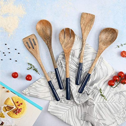 Folkulture Premium Wooden Spoons for Cooking,Kitchen Utensils Set of 5(12") | Soft, Comfort, Non-Toxic Cooking Utensils Set for Kitchen, Acacia Wooden Utensil Set, Cooking Gift, Kitchen Essential - color: Blue