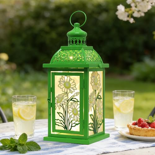 Spring Decorations for Home, 14.4" Decorative Daisy Green Lantern with 61" LED Lights(No Battery) for Home Indoor Outdoor Decor, Hanging Metal Candle Holders for Spring St.Patrick’s Day Gift - color: Green - Spring Daisy / 14.4'' / Timer
