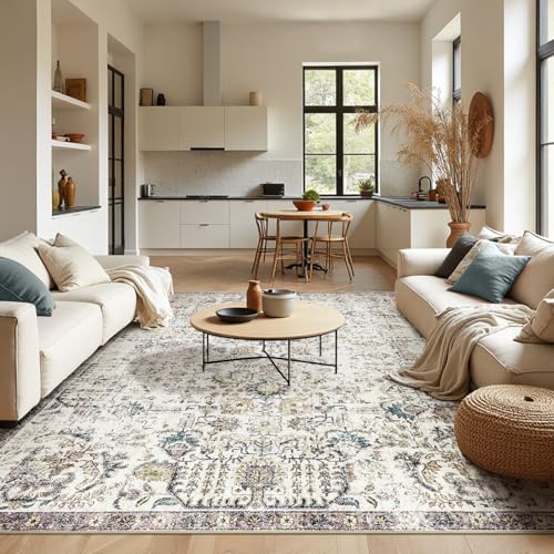 jinchan Distressed Vintage Medallion Area Rug, 9x12 Blue, Washable Non Slip | Distressed Finish, Low Profile, Soft Comfort, Easy Care, Pet Friendly, Living Room Bedroom Dining Room Open Living Spaces - color: Vintage Blue Multi, size: 9' x 12' (Rectangula