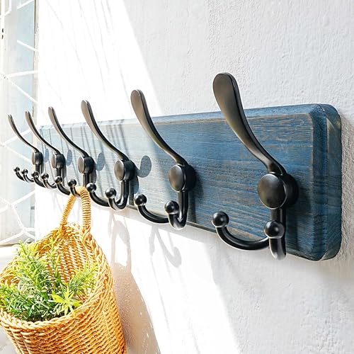 Coat Rack Wall Mounted - 24" Long 6 Tri Hooks, Heavy Duty Wooden Wall Coat Hanger Coat Hook for Clothes Hat Jacket Clothing, Weathered Blue and Black - color: Weathered Blue & Black, size: L=24"