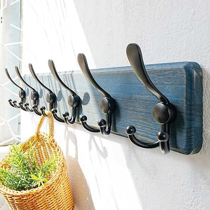 Coat Rack Wall Mounted - 24" Long 6 Tri Hooks, Heavy Duty Wooden Wall Coat Hanger Coat Hook for Clothes Hat Jacket Clothing, Weathered Blue and Black - color: Weathered Blue & Black, size: L=24"