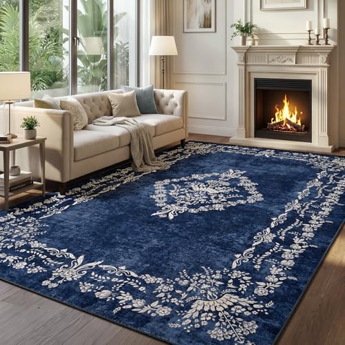 FlyDOIT 6x9 Large Area Rugs for Living Room, Navy Blue | Washable Floral Boho Rug, Non-Slip Soft Indoor Throw Carpet for Bedroom Dining Room Entryway College Dorm Office Decor - color: Navy Blue, size: 6' x 9' (Rectangular)