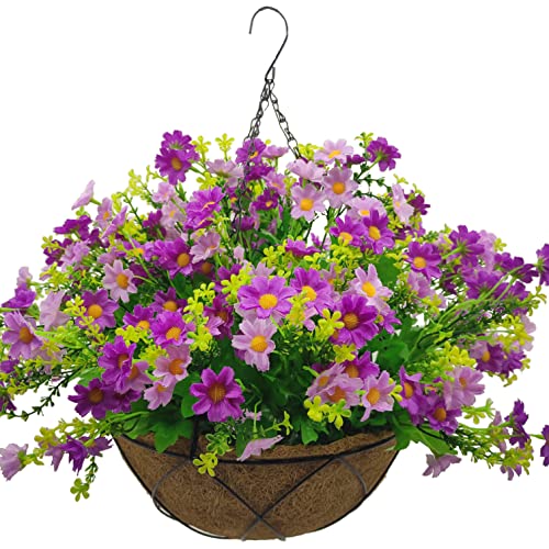 Artificial Hanging Flowers with Basket,Fake Daisy Flowers in 12 inch Coconut Lining Hanging Baskets for The Decoration of Courtyard, Indoors, and Outdoors(Violet) - color: A-violet