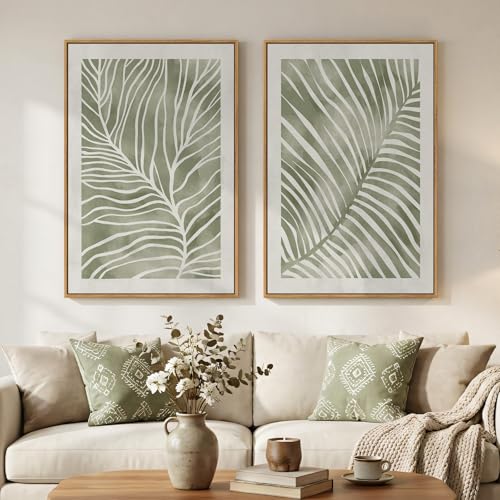 Framed Green Abstract Botanical Wall Art, 2 Piece Tropical Plant Canvas Painting Prints Artwork for Walls, Minimalist Boho Neutral Palm Leaf Pictures for Living Room Bedroom Kitchen Wall Decor, 24x36 - color: Green, size: 24" W x 36" H x 2Pcs