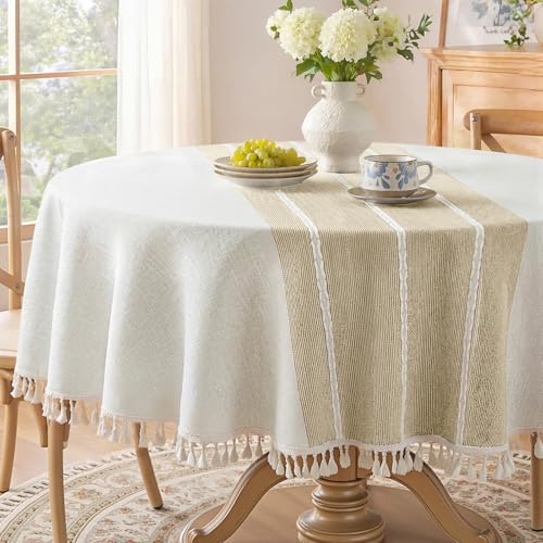 Softalker Outdoor Linen Tablecloth Round 55 x 55 Inch, Waterproof Cotton Boho Farmhouse Table Cloths with Tassel, Heavy Weight Wrinkle Free Table Cover for Dining Home Picnic, Coffee Lines - color: Coffee Lines, size: 55" (Round)