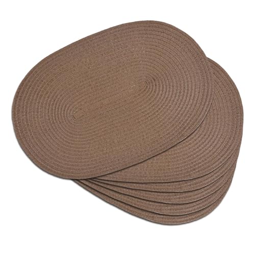 Placemats Set of 6, Woven Oval Braided Dining Table Mats(Chocolate Brown) | 12 x 17.5 Inch Size Fits Plates and Flatware; Hand Washable and Heat Resistant for Kitchen Use, with Farmhouse and Boho Style - color: Solid Brown, size: 6 pcs