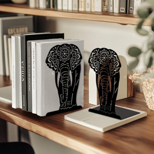 5.3"x4.3"x7.9" Metal Bookends, Heavy Duty Book Ends for Shelves | Mandala Elephant Theme Cast Iron Book Supports, 1 Pair Decor Stoppers for Desk, Library, Office & Home Shelves - style: Mandala Elephant