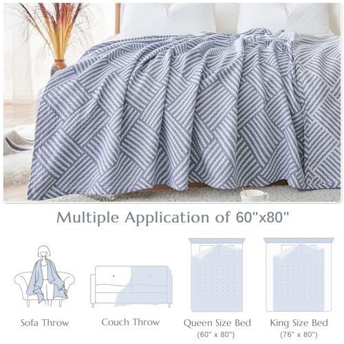 jinchan 100% Cotton Muslin Blanket Twin Boho Throw Blanket 60x80 Dusty Blue | 3-Layer, Dotted Diamond Quilt, Cooling Breathable Lightweight, for Adult, Soft, Reversible, Summer, Couch, Sofa, Bedroom - color: B. Square Blue, size: 60"x80"