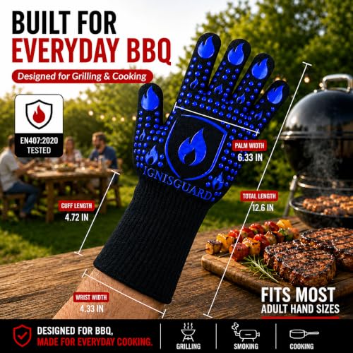 IGNISGUARD® BBQ Gloves, Heat Resistant Grill Gloves, 1 Pair, Blue (L) | EN407:2020 tested with textured silicone grip, three-layer construction and long knit cuff for added wrist coverage. - color: Blue, size: Large