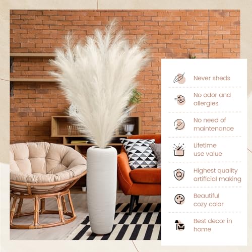 5 Pcs 71'' Large Faux Pampas Grass Decor Tall Faux Pampas Grass Splicable Fake Dried Boho Home Decor Beige Feathers for Vase Artificial Floral for Wedding Home Party Boho Decoration (Beige)