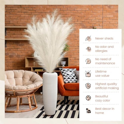 5 Pcs 71'' Large Faux Pampas Grass Decor Tall Faux Pampas Grass Splicable Fake Dried Boho Home Decor Beige Feathers for Vase Artificial Floral for Wedding Home Party Boho Decoration (Beige)
