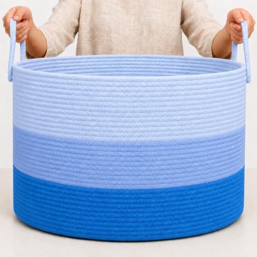 OrganiHaus Round Toy Basket & Blanket Basket, Cotton Rope 20x13" | 3-Toned Blue - Round Cotton Rope Basket, 20x13" - color: 3-toned Blue, size: Wide