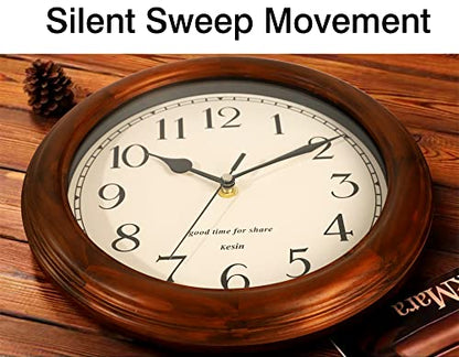 Kesin Wooden wall Clock with Retro Design, 11 Inches Round Wall Clocks | Battery Operated Silent Non-Ticking, Big Arabic Numerals, for Kitchen Living Room Classroom Gym and Pool, Brown - color: Brown, size: 11 inch