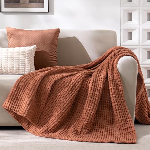 PHF Chenille Waffle Knit Throw Blanket- Plush Warm & Cozy 50" x 60" Ultra Soft Blanket- Chunky Fluffy Waffle Throws for Couch Bed Sofa - Terracotta - color: Terracotta, size: Throw(50"X60")