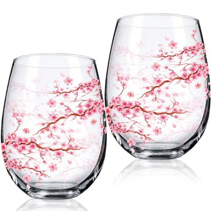 Sliner 2 Pack 17oz Cherry Blossom Stemless Wine Glasses Floral Drinking Glasses Cherry Blossom Tumbler Cups for Wedding Birthday Gift Parties Supplies - style: Cherry Blossom