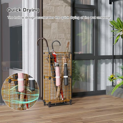 AWTATOS Umbrella Holder Entryway, Umbrella Stand Freestanding, Brown | Metal Square Umbrella Rack Organizer with a Removable Drip Tray, Hooks - color: Brown