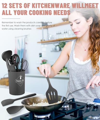 Gray Kitchen Utensils Set-12 Pieces Silicone Cooking Utensils Set | Dishwasher Safe 392°F Heat Resistant Spatula Set Kitchen Utensil Set for Nonstick Cookware,Best Kitchen Tools with Holder - color: Gray