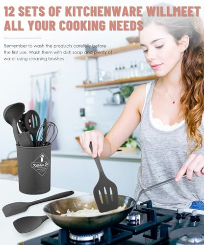 Gray Kitchen Utensils Set-12 Pieces Silicone Cooking Utensils Set | Dishwasher Safe 392°F Heat Resistant Spatula Set Kitchen Utensil Set for Nonstick Cookware,Best Kitchen Tools with Holder - color: Gray