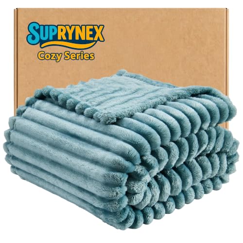 330GSM Ribbed Fleece Queen Blanket for Bed, Dusty Blue, 90"x90" | Super Soft Plush Flannel Blanket; Lightweight Home Decor; Gift for Her; All-Season Comfort for Couch, Sofa and Bed - color: Dusty Blue, size: Queen(90"x90")