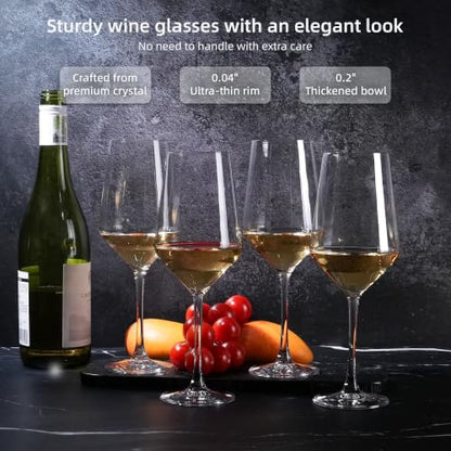 Crystal Wine Glasses Set of 4, 14oz for White Wine, Sturdy Bowl, Thin Rim | 100% Lead-free crystal, 0.2" thickened bowl with 0.04" thin rim, stury short stem, fits for daily sipping, gatherings, gifts