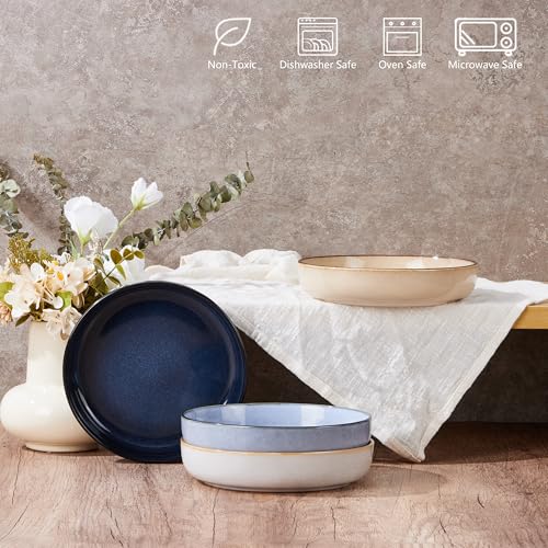 E-far 35oz Stoneware Pasta Bowls Set of 4, Double Reactive Glaze | Wide & Shallow Ceramic Pasta Plates for Serving Salad Soup Dinner, Dishwasher & Microwave Safe, Multicolor - color: Multicolor