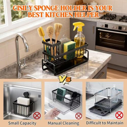 Stainless Steel Sink Caddy Sponge Holder for Kitchen Sink, Countertop Organization Storage with Movable High Brush Holder, Soap Dispenser Set Tray Counter Storage Rack, Home Decor Accessories ﻿