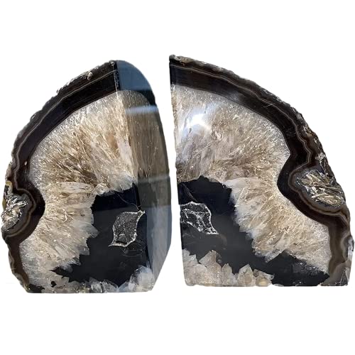 JIC Gem Black Agate Geode Bookends Decorative Stone Book Holder Heavy Duty | 1Pair 2-3 Lbs Natural Black Agate Crystal Decor for Shelves&Desk,Book Stoppers with Rubber Bumpers Gift Office&Home Decor - color: Black Dyed, size: 2-3LBS.