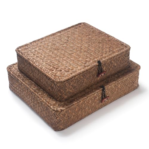 Seagrass Storage Baskets with Lids, Flat Wicker Basket, Shallow Woven Basket for Shelf, Decorative Storage Boxes for Organizing (Coffee) - color: Coffee