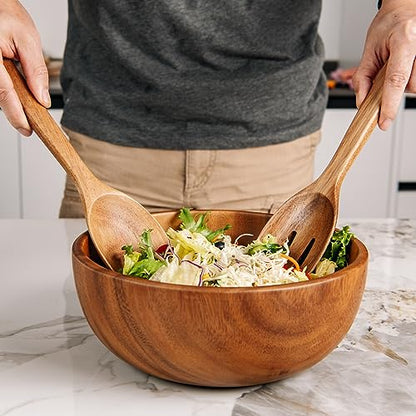 Acacia Wood Salad Servers, 10-inch Wooden Utensils for Cooking and Kitchen - Set of 2