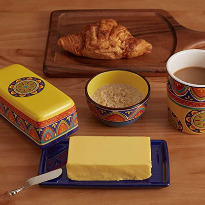 Bico Tunisian Ceramic Butter Dish with Lid, Wide Butter Keeper for Counter, Kitchen Countertop, Microwave and Dishwasher Safe - color: Tunisian