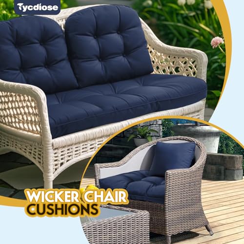 All Weather 3 Pieces Wicker Chair Cushions, Waterproof Outdoor Wicker Chair Cushion for Patio Furniture Loveseat Settee Bench, 1 Loveseat and 2 U-Shaped Thickened Cushions, Navy - color: Navy