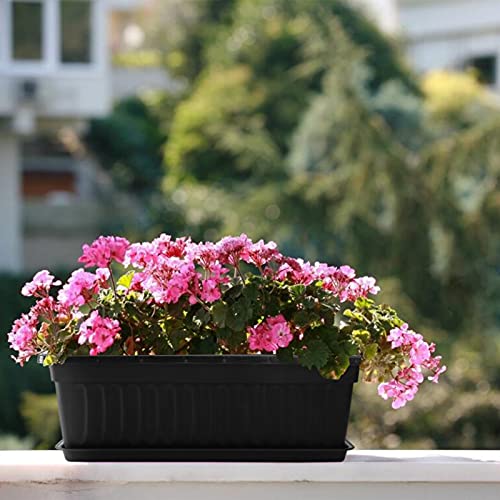 Fasmov 7 Pack 17 Inches Flower Window Box Plastic Vegetable Planters with Trays Vegetables Growing Container Garden Flower Plant Pot with 7 Pcs Plant Labels for Balcony, Patio, Garden, Black - color: 7pack,black
