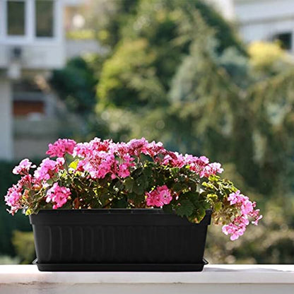 Fasmov 7 Pack 17 Inches Flower Window Box Plastic Vegetable Planters with Trays Vegetables Growing Container Garden Flower Plant Pot with 7 Pcs Plant Labels for Balcony, Patio, Garden, Black - color: 7pack,black