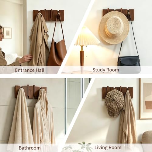 Wooden Coat Hooks Wall Mounted, Coat Rack Hanger Wall Mount with 4 Hooks, Heavy Duty Coat Hooks for Hanging Coats/Keys/Hats/Robe&Towels/Plants/Bags, Home Decor Gift, Walnut - size: 4 Hooks