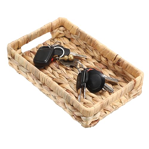 Hipiwe Small Keys Basket for Entryway Table Decorative Wicker Basket Tray | Woven Organizer Baskets Water Hyacinth Snacks Fruit Serving Trays for Keys Wallet Cell Phone Candy Organizing, 9.8"x6.3" - size: 9.8" x 6.3" x 2.5"