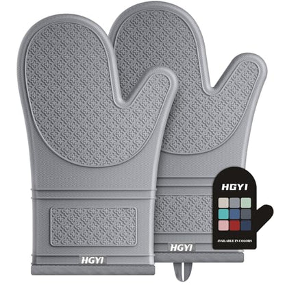 Silicone Oven Mitts, Heat Resistant Oven Gloves with Quilted Liner, Waterproof & Non-Slip Kitchen Mittens for Baking Cooking BBQ, 500°F, 12.5"-Light Gray - color: Light Gray