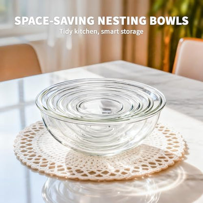 Luvan Glass Mixing Bowl with Lids Set of 5(0.2QT, 0.5QT, 1.1QT, 2.1QT, 3.75 QT), Space-Saving Nesting Bowls Anti-slip Salad Bowls for Storage, Cooking, Microwave,Freezer,Oven and Dishwasher Safe - color: Minty Blue