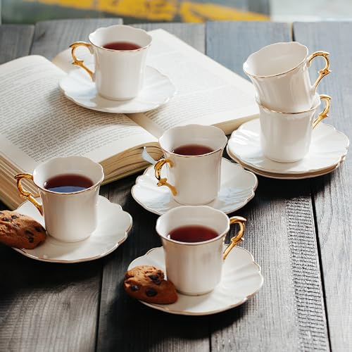 BTaT- Porcelain Espresso Cups Set, 3 oz, 12 Set, Small Coffee Mugs | Elegant White Cups Saucers Gold Trim Espresso Set Greek Arabic Turkish Coffee Gift Use - color: White, size: Set of 12
