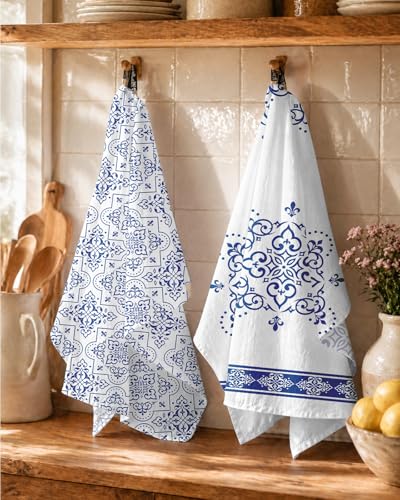 Flour Sack Kitchen Towels Set of 2, 18x26 Inch, Geometric Line | 150GSM Cotton, Lint-Free, Quick Dry, Hanging Loop, Lightweight Tea Towels, French Home Decor, Chinoiserie, Housewarming Gift - color: Geometric Line