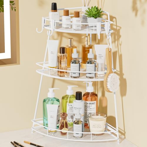 VITVITI 3 Tier Bathroom Counter Organizer Corner Vanity Shelf Storage White | Metal Mesh Bathroom Countertop Organizer, Bath Room Sink Makeup Organizers for Skincare Perfume Lipstick, with Hooks - color: 3 Tier White