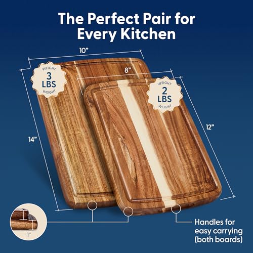 Sonder LA Doheny Duo Small Acacia Wood Cutting Board Set, 14x10x1 & 12x8x1" | Non-toxic, Edge Grain, Juice Groove, Thickness Prevents Warping, Compact Daily Use, Built-in Handles, Gift Box, 3 lbs & 2 lbs - color: Doheny | Acacia | Edge Grain
